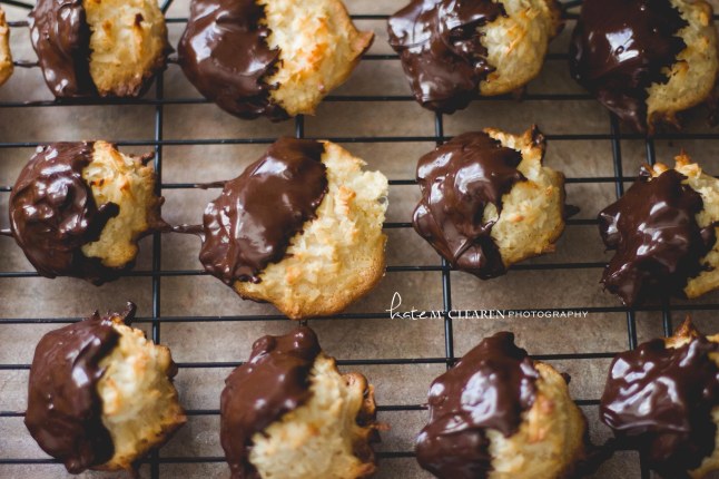 Chocolate hand-dipped coconut macaroons. 