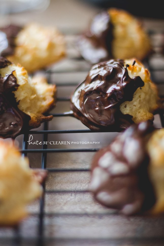 Chocolate hand-dipped coconut macaroons. 