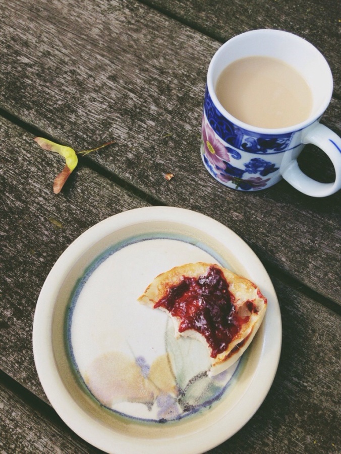 A perfect breakfast of tea and English muffins with homemade strawberry jam